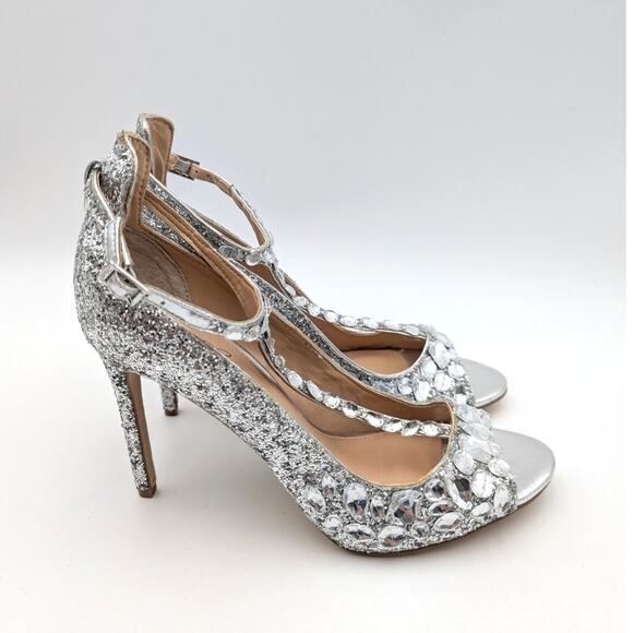 Jewel Badgley Mischka Conroy Metallic Glitter Heel Sandal Silver Size US8.5 EU39 - Picture 3 of 10